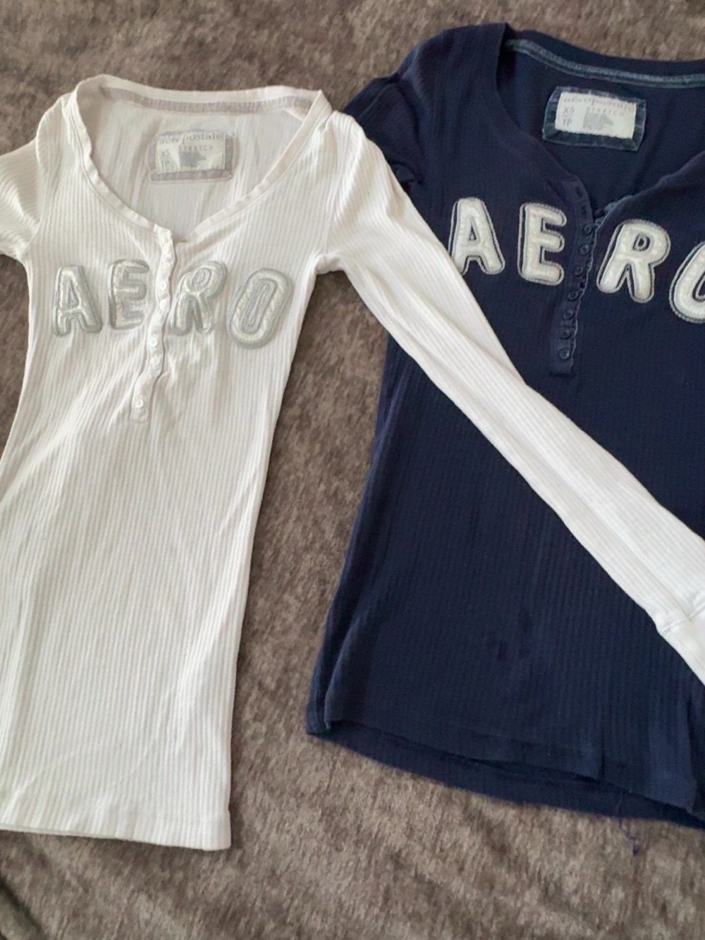 Aeropostale White Long-Sleeve Ribbed Henley Top with AERO Applique